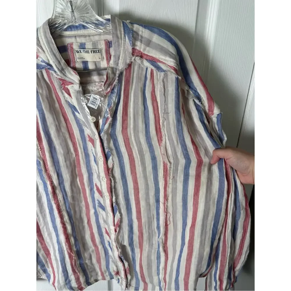 Free People Valley Double Cloth Striped Shirt in Ivory Combo L